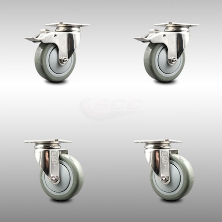 Service Caster 4 Inch 316SS Gray Polyurethane Wheel Swivel Top Plate Caster Lock Brakes, 2PK SCC-SS316TTL20S414-PPUB-2-S-2